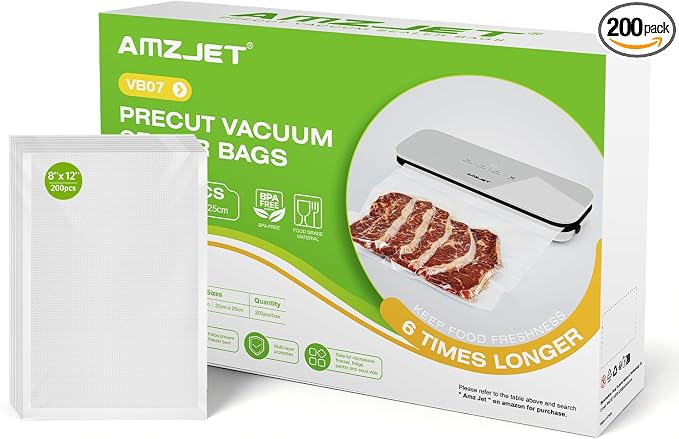 Vacuum Sealer Bags for Food, 200 Count, Quart Size 8" x 12", Pre Cut Vacuum Seal Bags, BPA Free Embossed Food Vacuum Sealer Bags for Freezer Storage, Meal Prep & Sous Vide, Heavy Duty Commercial Grade