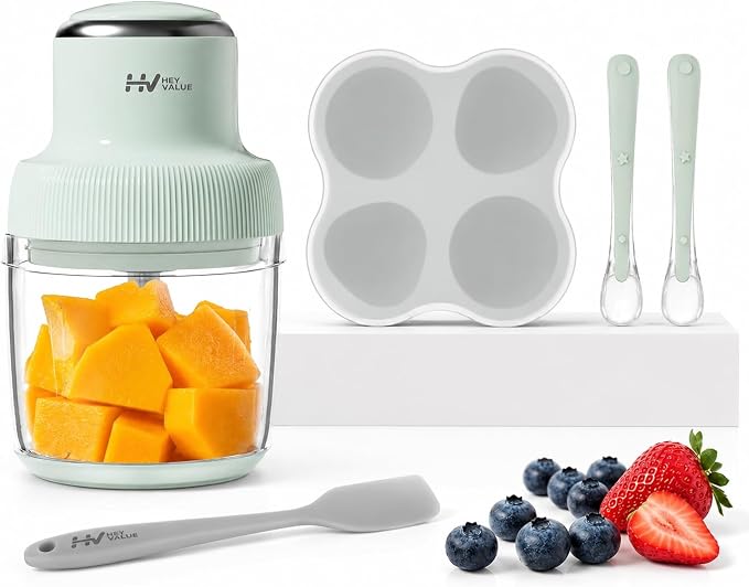 HEYVALUE 20 Oz Glass Baby Food Maker with Silicone Spoons, Spatula, Green | One-Touch Blending, Baby & Pet Large Food Processor Set, Feeding Every Stage, Effortless Cleaning, Dishwasher Safe, BPA-Free