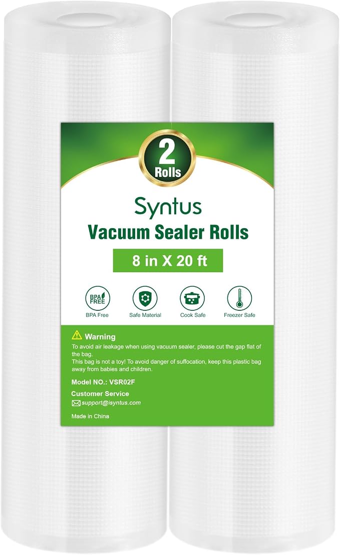 Syntus 2 Rolls 8" x 20' Vacuum Sealer Bags, BPA Free for Food Storage | 4mil Thick, Custom Length, Keep Food Fresh Longer, Freezer Microwave Sous Vide Cooking, Works with Most Vacuum Sealers