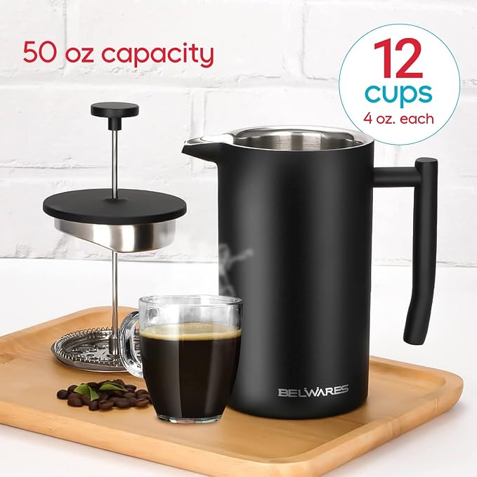 French Press Coffee Maker - 50oz Stainless Steel, Insulated Coffee Press | Large 6 Cup 50oz Capacity, Double Wall Keeps Coffee Hot, 4 Level Filter for Ground Free Coffee, 2 Extra Filters, Matte Black
