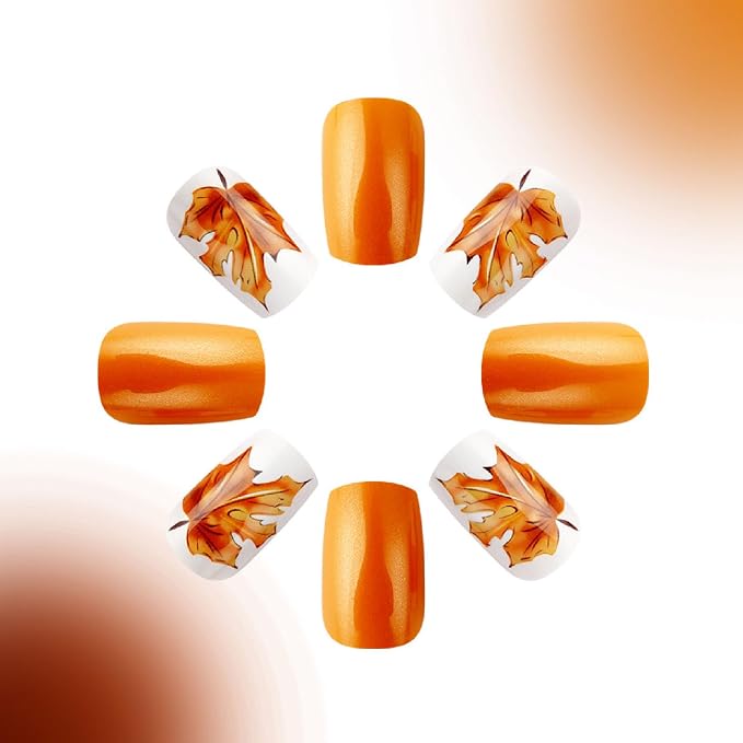 Fall Press on Nails Medium Square Fake Nails with Maple Leaves Plaid Designs Nails Press ons Orange Brown Acrylic Nails Full Cover Stick on Nails for Women 24 Pcs