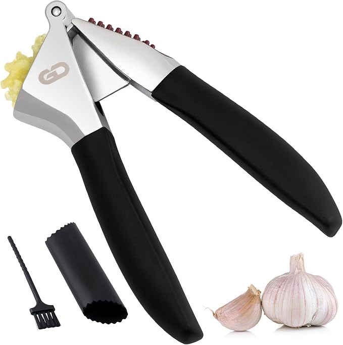 Garlic Press Set – Heavy Duty Garlic Crusher & Mincer | No Peel Required | Easy Squeeze & Clean | Ergonomic Handle | Ginger Press – Silicone Peeler & Cleaning Brush | Large Chamber Kitchen Tool