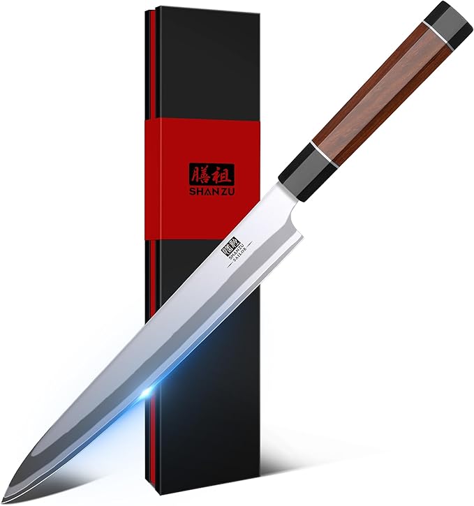 SHAN ZU 10 Inch Japanese Sushi Knife, 9 Layers 10Cr15MoV High Carbon Steel | Sashimi Knife, Sharp Cutting Yanagiba Knives with Red Sandalwood Handle for Sushi Making, Slicing & Fish Knives