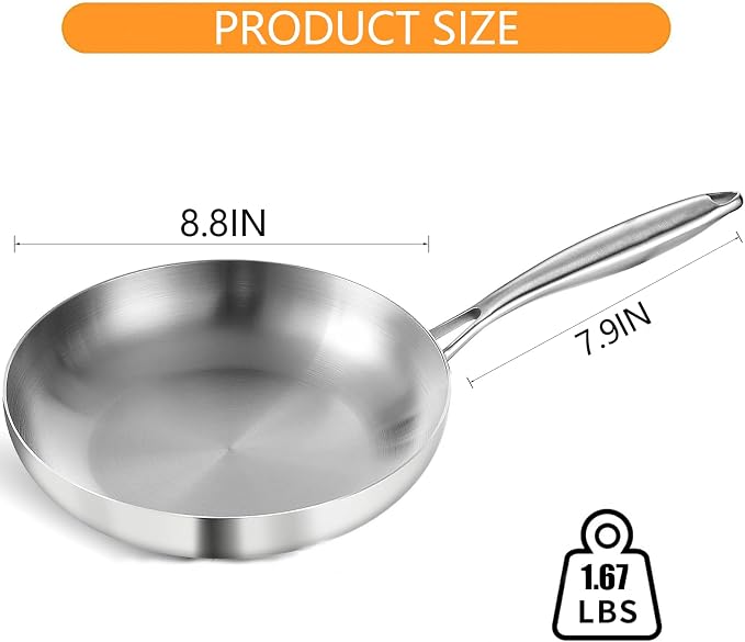 DELARLO Tri-Ply Stainless Steel Frying Pan 8" kitchen skillet | Stainless Steel Pan Cooking Heat fast and evenly Compatible with All Cooktops Dishwasher and Oven Safe
