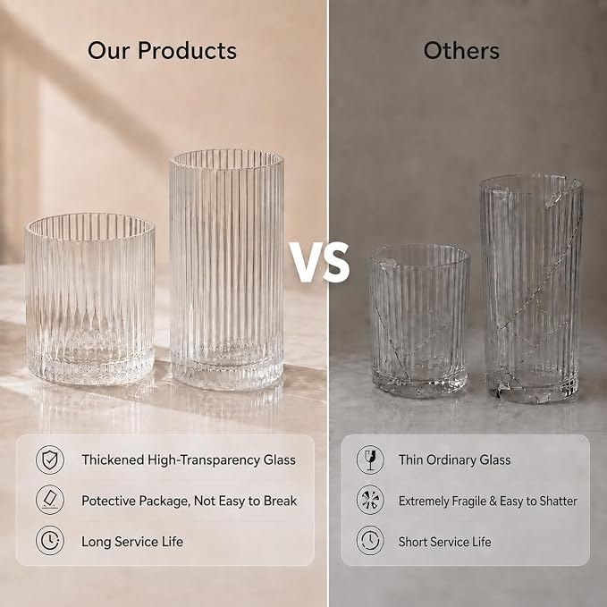 Ribbed Drinking Glasses 4pcs, 12oz and 10oz Glassware, Tumbler Glasses Cup Set for Wedding, Party, Christmas Gift, Clear
