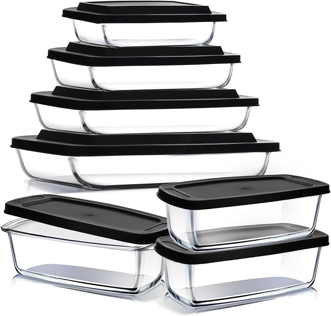 EATEX 7 Pack Glass Food Storage Containers with Lids, Baking Pans Set, Glass Baking Dishes for Oven | 3 Bread Pans for Bread Baking | 4 Casserole Dish Lasagna Pans, Oven Microwave Freezer Safe Black
