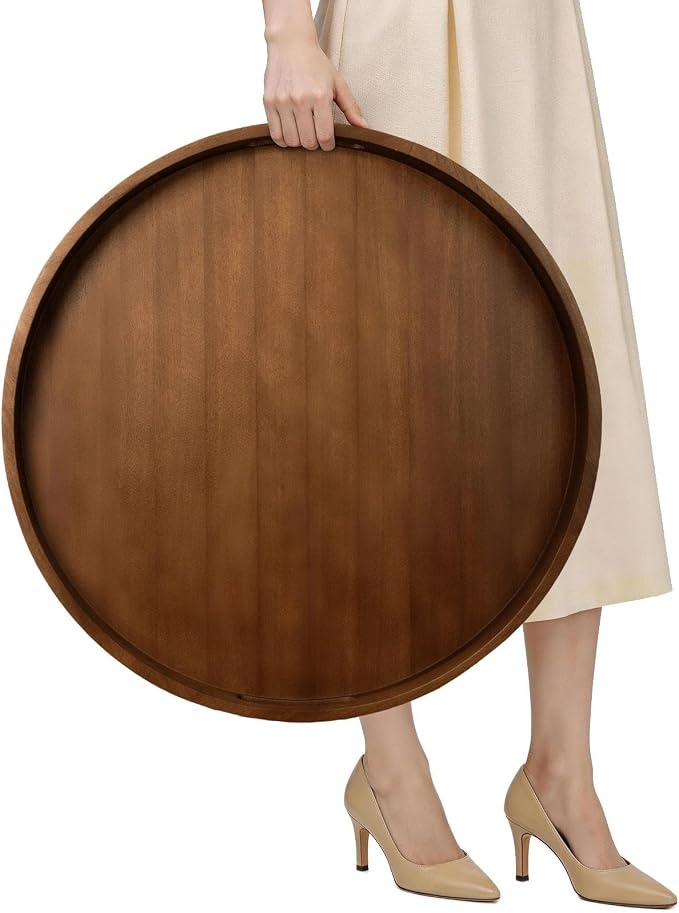 Extra Large Ottoman Tray, 24" Round Black Walnut Wood Serving Tray | Farmhouse Wooden Decorative Tray with Handles, Oversized Coffee Table Tray, Serving Platter Tray for Living Room, Countertop