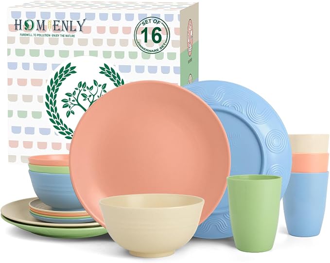 Premium Dinnerwave Sets, Lightweight & Unbreakable Wheat Straw Dish Set - Plates and Bowls Set with Cups, 16 PCS Microwave and Dishwasher Safe Dinnerware Set - Multi Light
