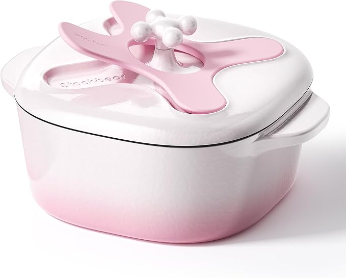 5 Qt Enameled Cast Iron Dutch Oven with Lid, Cream Pink White | 6-Layer Nonstick Enamel, Extra Capacity Oval Design, Heavy Self-Basting Lid, Heat-Resistant Silicone Pad Included