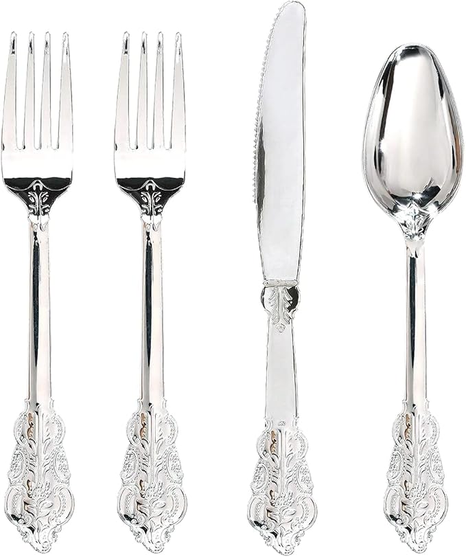 200 Pieces Silver Plastic Silverware Disposable - 50Guests Silverware Plastic Cutlery - Disposable Utensils Includes 100 Forks, 50 Spoons, 50 Knives Perfect for Christmas Wedding or Party