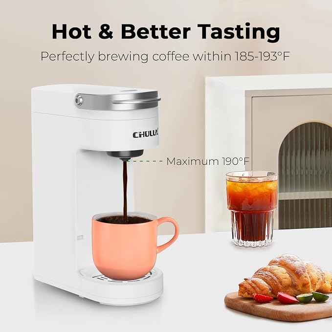 CHULUX Slim Single Serve Coffee Maker for K Pod, Brew Up to 12oz Cup, White | Fast-Heating Boiler Tech, 4-Hole Needle for Richer Flavor, Adjustable Drip Tray for 7.3" Travel Mug, Portable Compact Design
