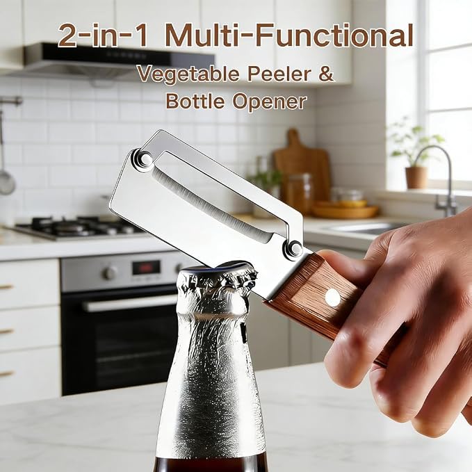 Premium Vegetable Peeler with Wooden Handle and Bottle Opener,Multi-Functional Vegetable Peeler for Kitchen, 2-In-1 Stainless Steel Kitchen Tool, for Fruit Veggie, Includes Bottle Opener (1PCS)