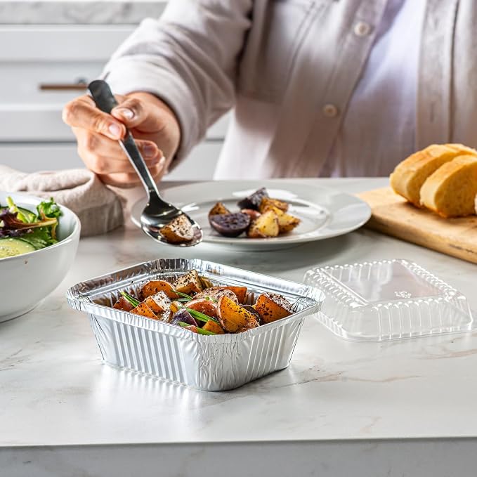 GUSTO 1 lb Disposable Aluminum Foil Takeout Pans with Clear Dome Lids, 5" x 4" – [100 Count] Great for Baking, Cooking, Storage, and Freezing (Formerly Comfy Package)