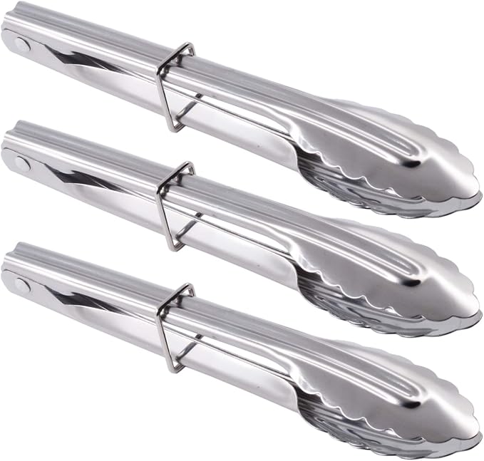 HINMAY 7-Inch Small Stainless Steel Serving Tongs, Set of 3 (Silver) | 7-Inch Mini Metal Salad Tongs