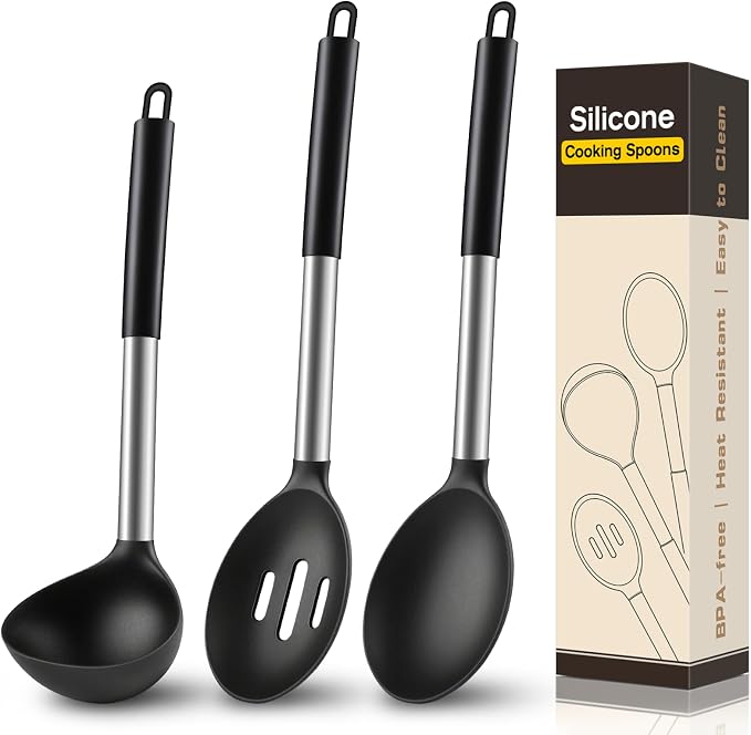 3 Pcs Silicone Cooking Spoon Set, Kitchen Utensils Include Solid & Slotted Spoon, Soup Ladle, Food-Grade Heat Resistant, Non-Scratch Spoons for Serving, Stirring, Draining, Dishwasher Safe, Black