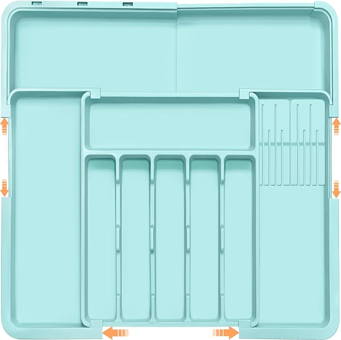 Silverware Organizer - Expandable Large Kitchen Drawer Organizer Utensil Organizer with 2 Knife Block Inserts, 22"x 19"Cutlery Tray with Drawer Dividers for Kitchen Flatware (Turquoise)