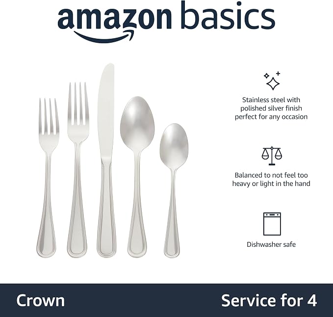Amazon Basics Silverware Set, Stainless Steel Flatware, Dishwasher Safe, Service for 4, 20-Piece Forks and Spoons, Crown Edge, Everyday Use (Pack of 2)