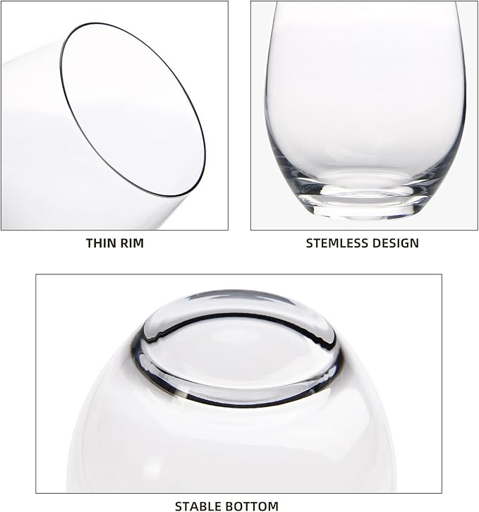 FAWLES Stemless Wine Glasses Set of 12, 15 Ounce Smooth Rim Standard Wine Glass Tumbler for Red, White Wine, Dishwasher Safe