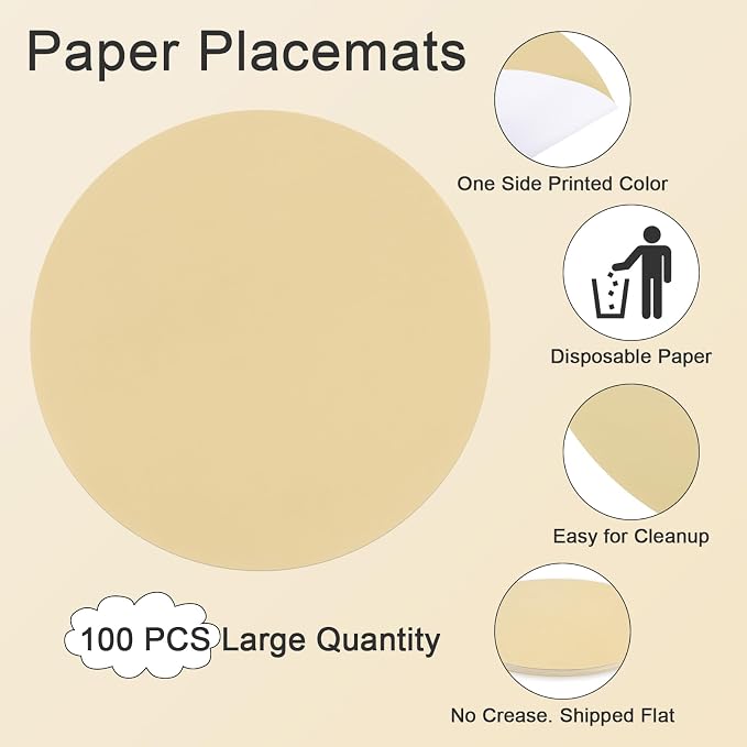 SHACOS 100 PCS Round Paper Placemats 13 inch Disposable Paper Place Mats for Dinner Wedding Birthday Party Festival Table Decoration Indoor Outdoor, Beige