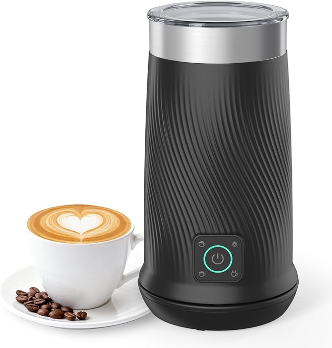 Wowteam Milk Frother, 4-in-1 Electric Milk Steamer, Warm and Cold Milk Warmer and Foam Maker for Coffee, Latte, Cappuccinos, Macchiato, 8.2oz/240ml, Stainless Steel (Black)