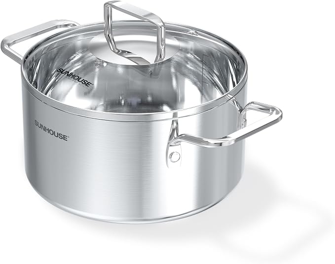 SUNHOUSE 3.4 QT Fully Clad Tri-ply Stainless Steel Stock Pot with Glass Lid | Small Everyday Soup & Pasta Pot - Rice, Blanching, Broth - Even-Heating Tri-Ply Base, Induction Compatible, Dishwasher Safe