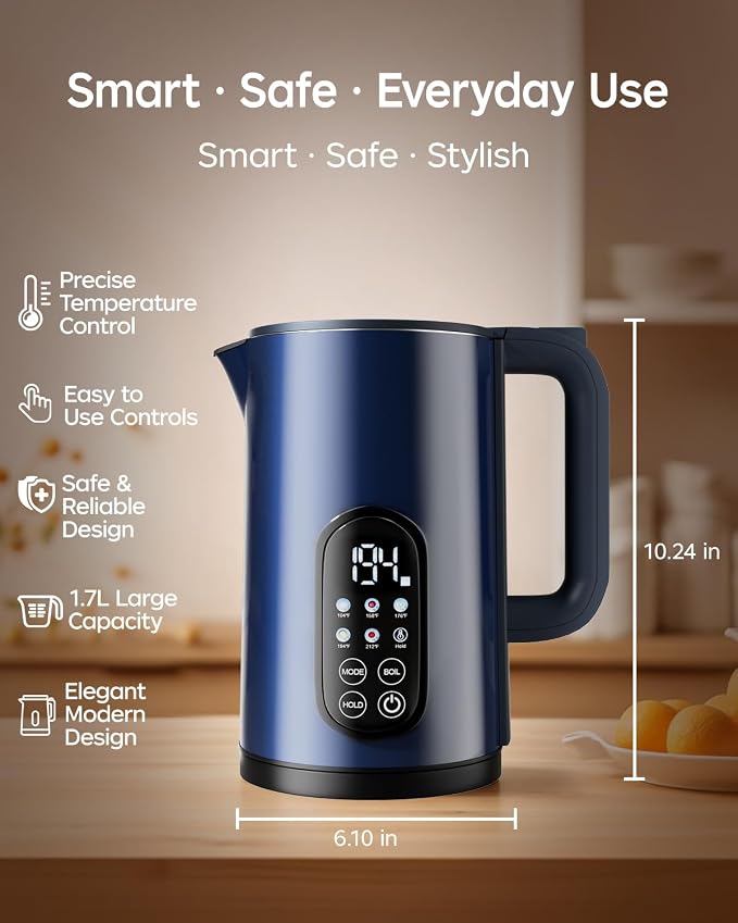 1.7L Stainless Steel Electric Kettle with Temperature Control – Blue