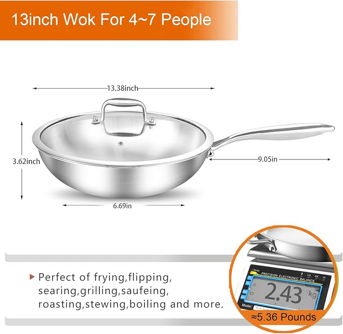 DELARLO Woks & Stir-Fry Pans, 13 in Stainless Steel Pan with Lid, Large Cooking Surface, Tri-Ply Stainless Steel Wok Pan,High Side 3 Layer Stainless Steel Saute Pan, Wok for induction cooktop, 600℉