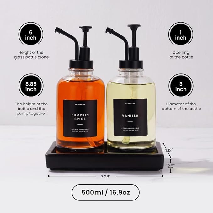 Coffee Syrup Dispenser - Glass Bottle with Pump, Maple/Coffee Syrup, Labels and Tray