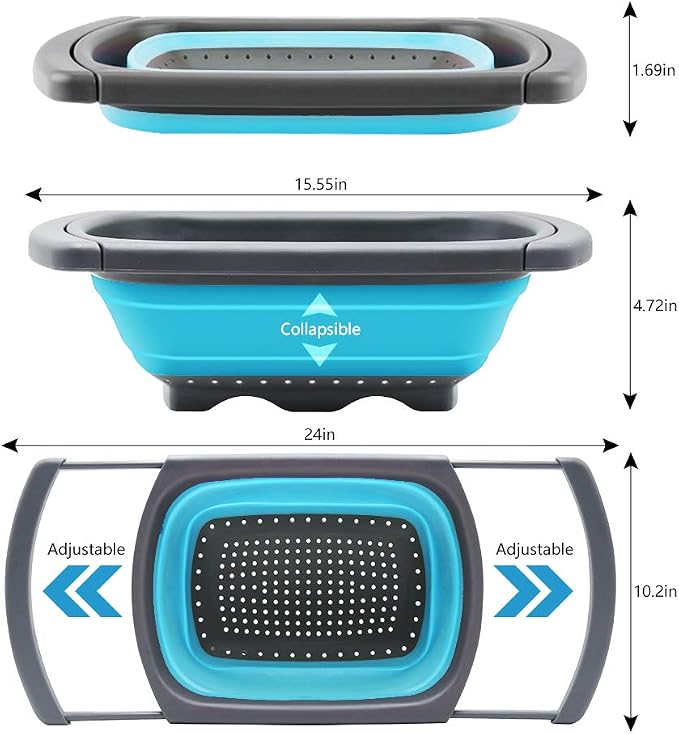 QiMH Collapsible Colander Set of 3-2 PC 4 Quart and 1 PC 6 Quart Over the Sink Colander - Food-Grade Sturdy Plastic Base - Round Space-save Silicone Kitchen Foldable Food Strainer