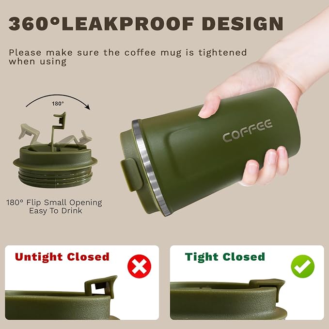 SPLMIFA Travel coffee mugs leak-proof, reusable coffee cups with lids, stainless steel vacuum insulated coffee tumblers, thermal insulation cups for men & women keep drinks hot & cold(2nd-Green, 12OZ)