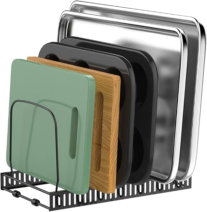 Housolution Cutting Board and Baking Tray Cookie Sheet Organizer, Black | 7 Adjustable Dividers, Sturdy Metal Construction, Easy Assembly