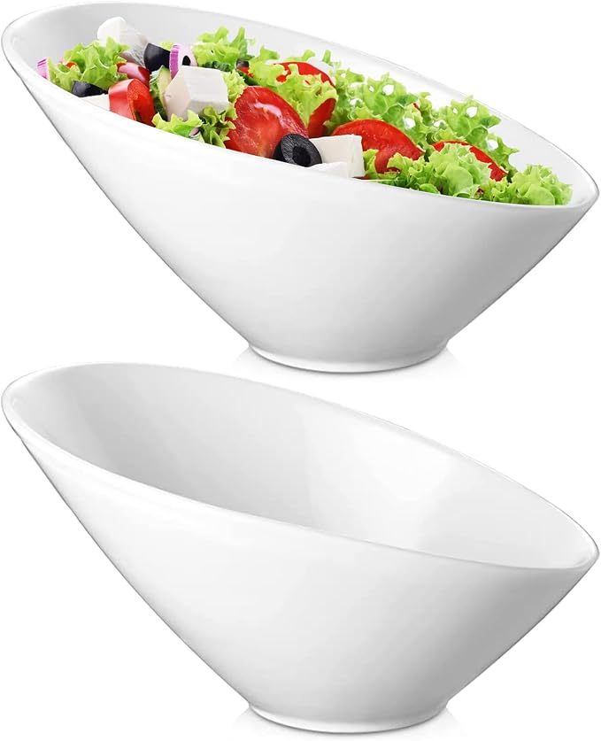 Yesland 24oz White Ceramic Serving Bowls Set of 2, 9.5" Angled Salad Pasta Bowls, Dishwasher Microwave Safe for Soup, Ramen, Cereal, Rice, Noodle, Kitchen & Restaurant Use