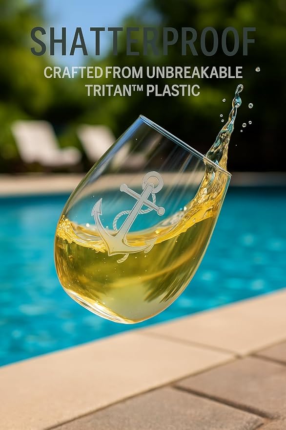 Set of 4 Stemless Boat Wine Glasses – 16oz Unbreakable Nautical Glasses with Anchor, Compass, Helm & Life Ring – BPA-Free Tritan Plastic, Dishwasher Safe – Ideal for Boats, Pool, RV & Outdoor Use