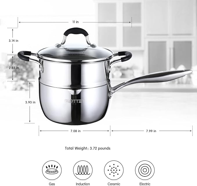 SLOTTET Tri-Ply Whole-Clad Stainless Steel Saucepan with Steamer,2.5 Qt Small Multipurpose Pot with Pour Spout,Strainer Glass Lid, 2 Quart Sauce Pan for Cooking with Stay-cool Handle.
