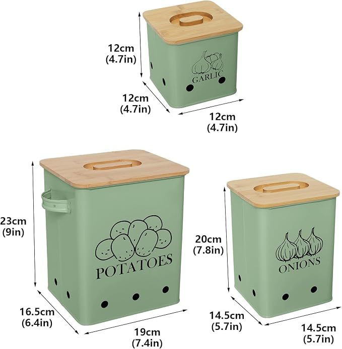 Kitchen Canisters Set, Storage Bin for Potato Onion & Garlic, 3 Pack Set Countertop Pots Containers with Wooden Lid - Potato Storage, Garlic Bin, Onion Keeper Tin with Aerating Holes-Green