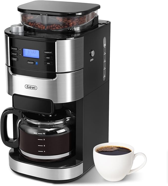 Gevi 10-Cup Grind-And-Brew Drip Coffee Maker with Built-In Burr Grinder | Programmable Timer, 1.5L Water Tank, 2-Hour Auto Keep-Warm, Durable Reusable Permanent Filter for Daily Coffee Brewing