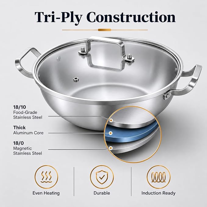 DELARLO Tri-Ply Stainless Steel Hot Pot 12 inch Everyday pan With lid,4QT | Deep Saute Pan,Kitchen Everything Pan, High Side Chef's Pans, Induction Cooking Pot, Dishwasher Safe,Stock Pot Up To 600℉