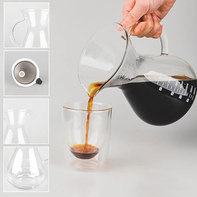 T-mark Double layer reusable stainless steel filter 400ml/14oz | BPA-Free Glass Coffee Carafe, Glass Coffee Maker, Coffee Dripper Brewer