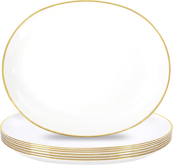 6Pcs Gold Plastic Serving Trays - 12 Inch White and Gold Oval Disposable Plates - Heavy Duty White Plastic Serving Platters for Wedding/Birthday/Dinner Party/BBQ/Holiday Gatherings