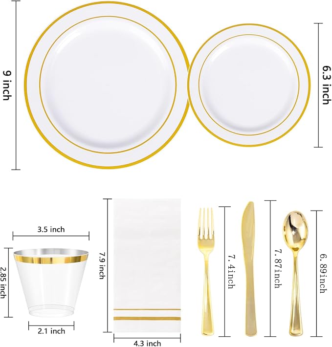 GATHER 350PCS Gold Plastic Plates for Wedding and Party | White and Gold Disposable Dinnerware Set include 100 Plates, 150 Silverware, 50 Napkins, 50 Cups for Bridal Shower
