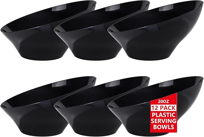 bUCLA 12 Pack Black Plastic Serving Bowls - 20 OZ Angled Bowls Disposable for Chip,Candy,Salad and Fruit - Ideal for Wedding, Party & Graduation