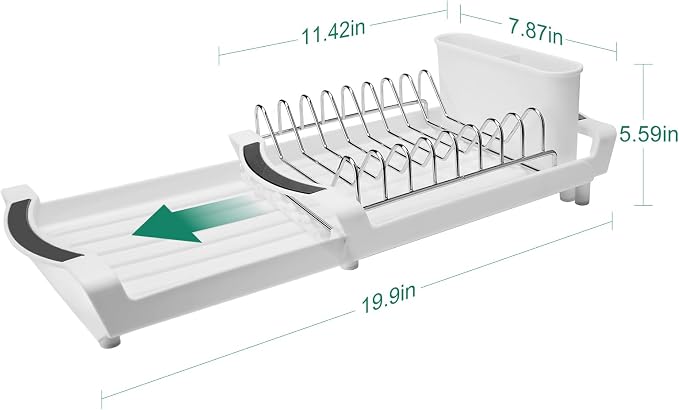 Compact Stainless Steel Dish Drying Rack | Rust-Resistant Drainer for Kitchen and Apartment Countertops/Sink Cabinets, Adjustable 11.42 to 19.9 Inches (White)