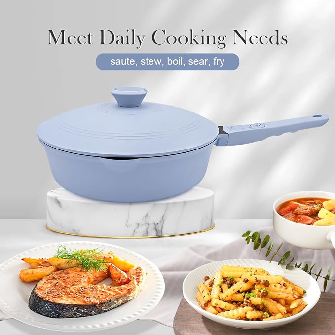12 Inch Nonstick Deep Frying Pan Skillet with Lid,5 Qt Large Saute Pan,Blue | Detachable Handle, Suitable for All Stoves, Including Induction, PTFE & PFAS & PFOA Free, Oven Safe