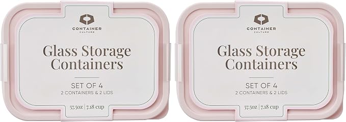 Glass Food Storage Containers with Lids — 8 Piece — 57.5 oz Glass with BPA-Free Leakproof Stackable Lids — Microwave, Oven & Dishwasher Safe — Ideal for Meal Prep & More - Berry Blush