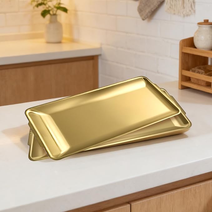 2Pcs 304 Stainless Steel Food Serving Trays, 12.6" Rectangular Gold Platters, Rectangle Versatile Organizer Serving Tray Platter for Kitchen Party Dining Buffet Gatherings Outdoor Events
