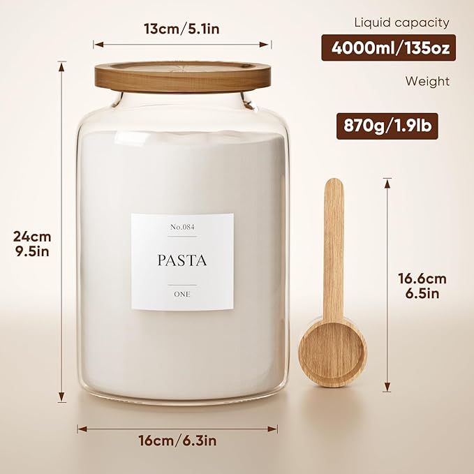 2 PCS Flour Sugar Storage Containers Glass Jar,4000ml/1 Gallon/4.2 Qt/135oz | Large Glass Food Storage Jars with Wood Airtight Lids,for Tea,Spice,Cereal Rice Flour Pasta Sugar