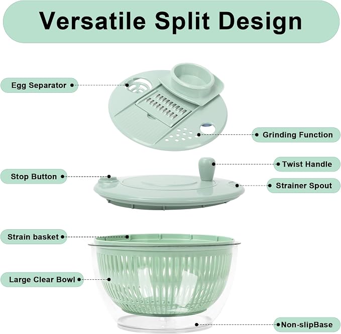 Salad Spinner Large, 5.3 QT 5 IN 1 Lettuce Spinner Dryer with 5 Blades Slicing and Pureeing Vegetables Wash Bowl Kitchen Gadgets for Efficient Salad Preparation Food Washing