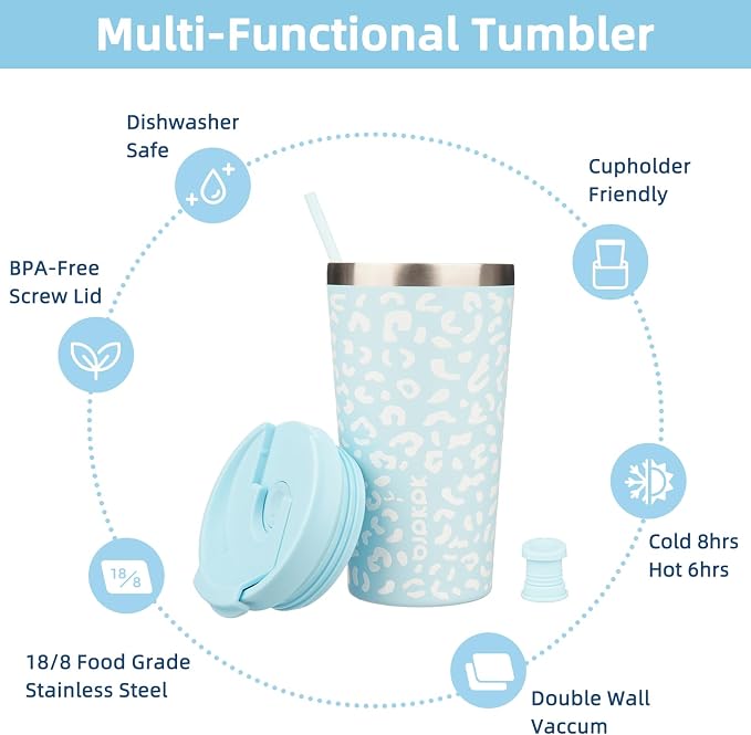 BJPKPK 18 oz Coffee Tumbler with Straw, Insulated Stainless Steel Cup | Double Wall Vacuum, Leak Proof, Keeps Hot/Cold, BPA Free, Cupholder Friendly, Travel, Light Blue Leopard
