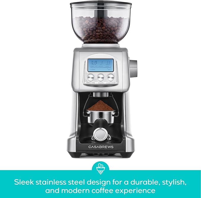 CASABREWS Tornado Electric Conical Burr Coffee Grinder with LCD Display | 77 Precision Grind Settings for French to Espresso, LCD Display, Custom Grind Time, Durable Stainless Steel Design for Home