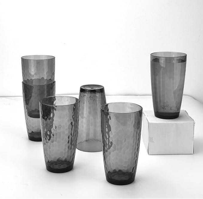 Yalin 20 Ounce Acrylic Drinking Glasses, Reusable Plastic Tumbler, Stackable, BPA-Free, Shatter Proof, Dishwasher Safe, Set of 6 Cups (Gray)